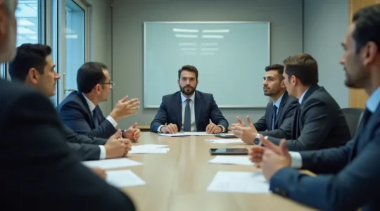 Illustration d'une équipe multi-disciplinaire en salle de crise coordonnant la réponse à une cyberattaque, avec documents et communication sécurisée