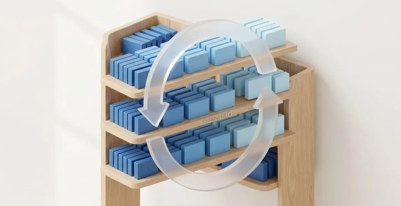 Illustration 3D d'une étagère en bois montrant la rotation FIFO des produits pharmaceutiques avec code couleur par ancienneté et flèche circulaire indiquant le flux