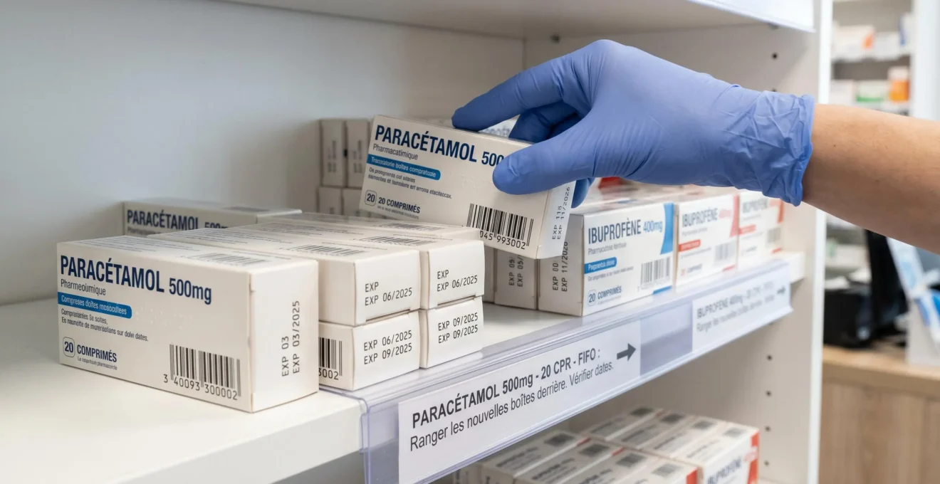 Main gantée plaçant une boîte de médicament en arrière-plan d'un linéaire de pharmacie selon la méthode FIFO, produits à dates antérieures visibles devant