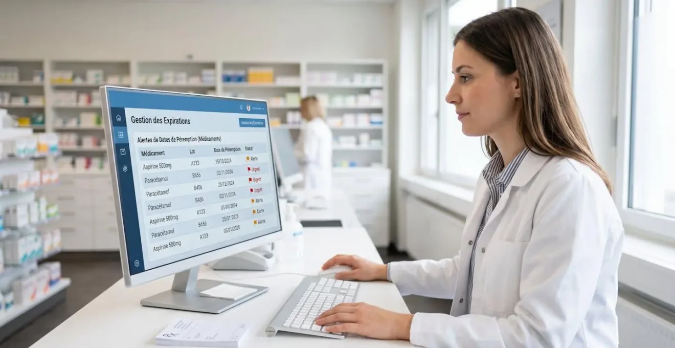 Pharmacienne consultant un tableau de bord logiciel affichant des alertes de péremption sur écran d'ordinateur dans une officine moderne