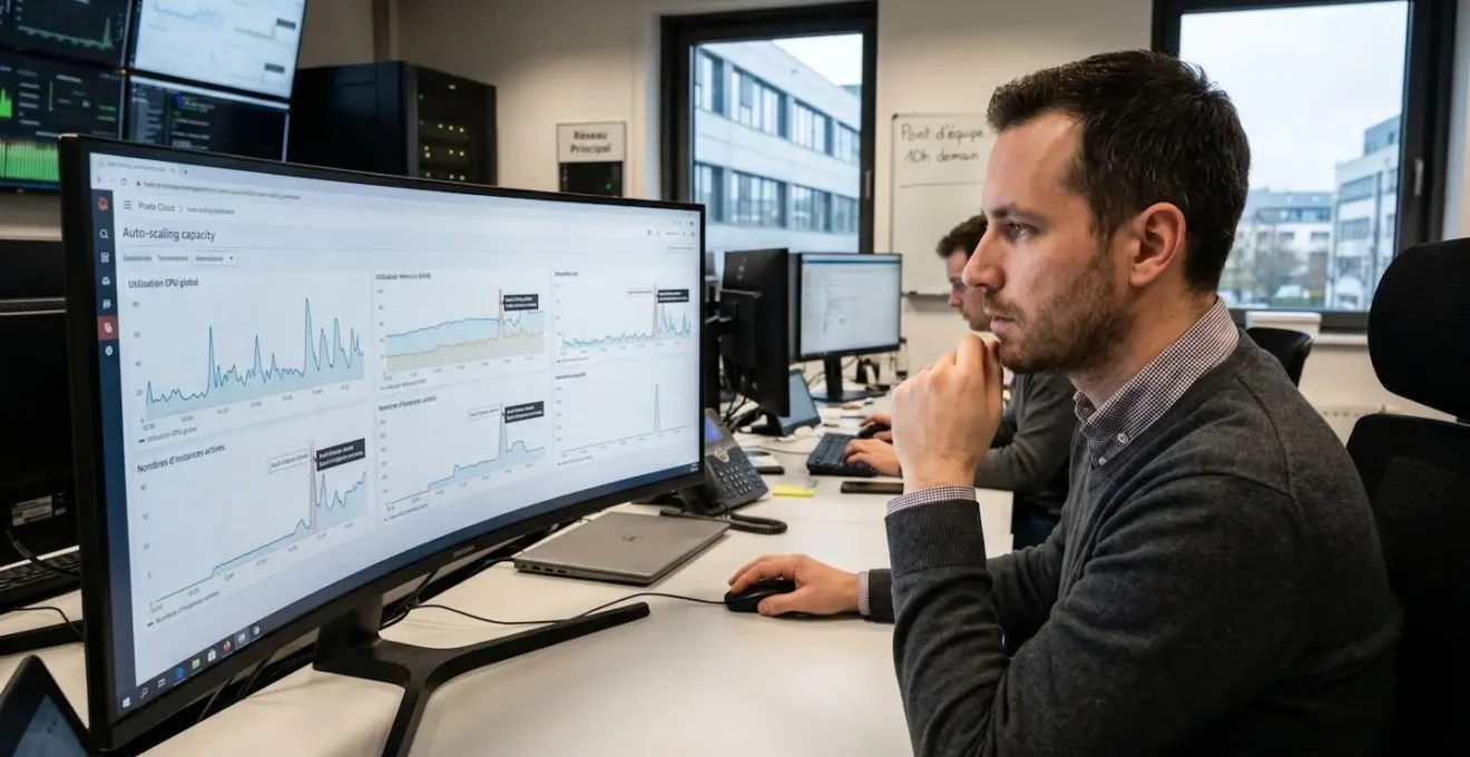 Professionnel IT surveillant dashboard auto-scaling avec métriques d'élasticité Cloud et courbes d'allocation ressources temps réel