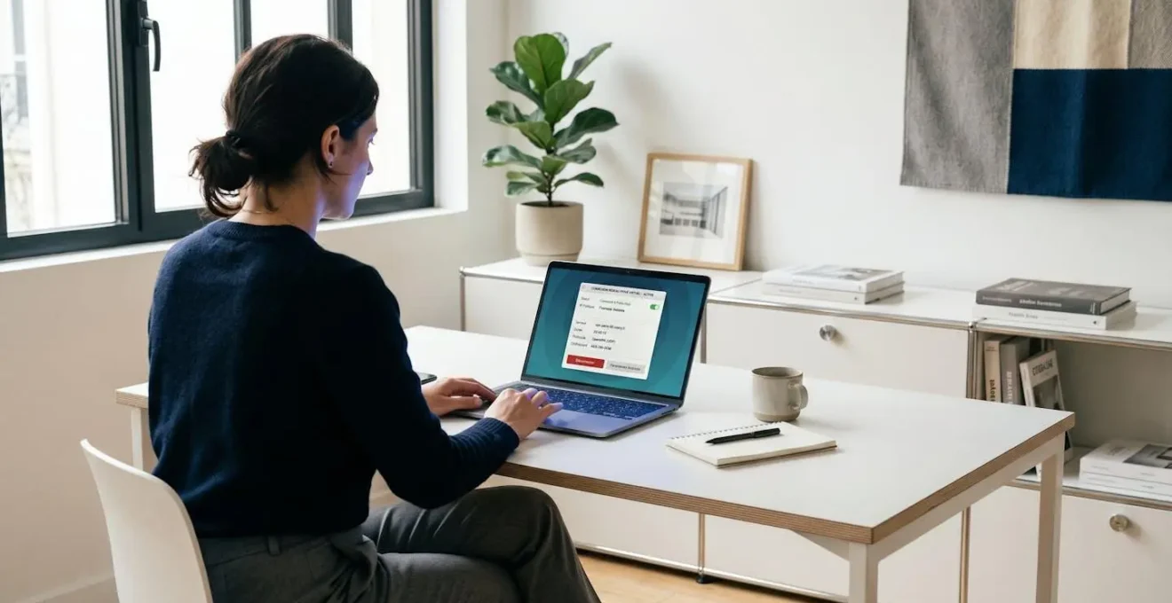 Professionnel travaillant à domicile sur ordinateur portable affichant une interface de connexion VPN en français, dans un bureau contemporain minimaliste éclairé par la lumière naturelle