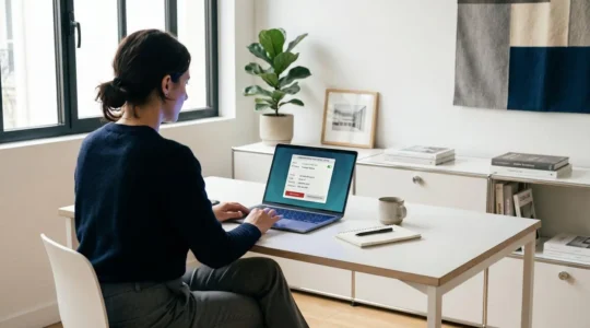 Professionnel travaillant à domicile sur ordinateur portable affichant une interface de connexion VPN en français, dans un bureau contemporain minimaliste éclairé par la lumière naturelle