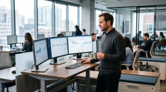 Responsable e-commerce analysant des données produits sur plusieurs écrans illustrant la comparaison PIM ERP CRM