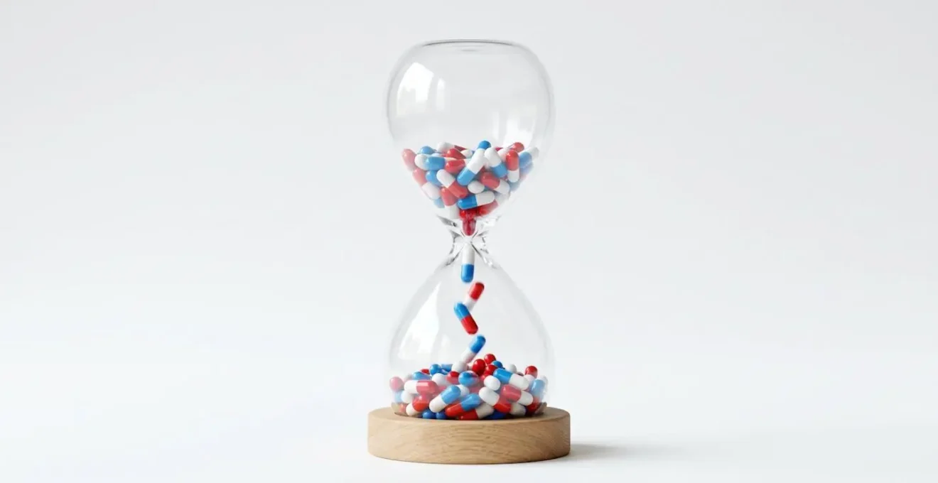 Sablier transparent rempli de gélules pharmaceutiques multicolores symbolisant l'écoulement du temps vers la péremption des médicaments