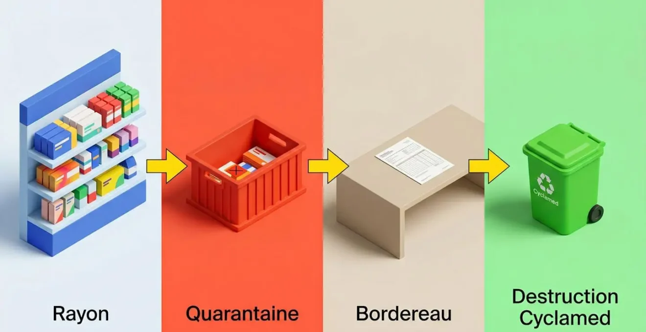 Schéma isométrique illustrant le circuit d'un produit périmé en 4 étapes : rayon, quarantaine, traçabilité bordereau et destruction Cyclamed