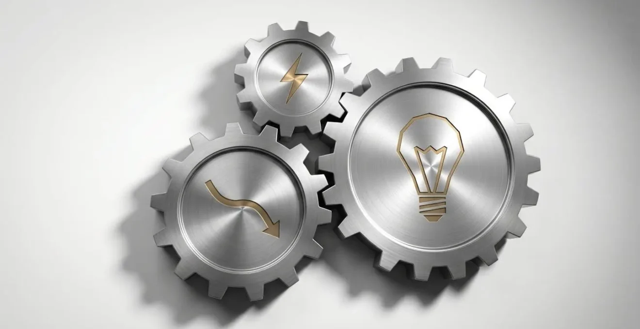 Trois engrenages métalliques interconnectés symbolisant les trois leviers de performance du Cloud : agilité, optimisation des coûts et innovation