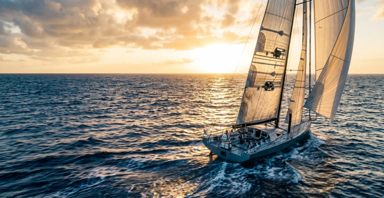 Voilier de course moderne aux voiles automatisées naviguant sur une mer calme au lever du soleil, symbolisant l'agilité et l'adaptation instantanée du Cloud computing