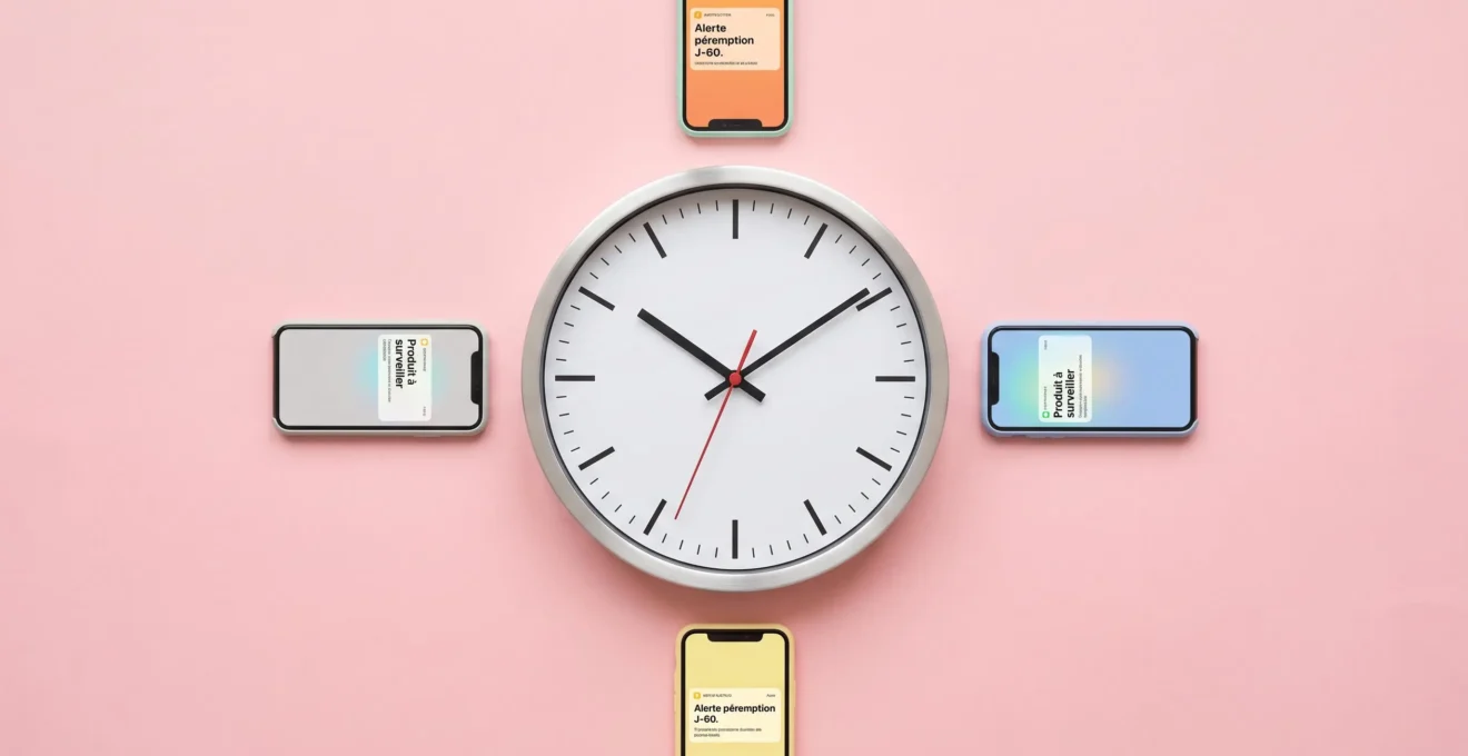 Vue de dessus symétrique montrant une horloge entourée de quatre smartphones affichant des alertes de péremption, symbolisant la surveillance automatisée continue