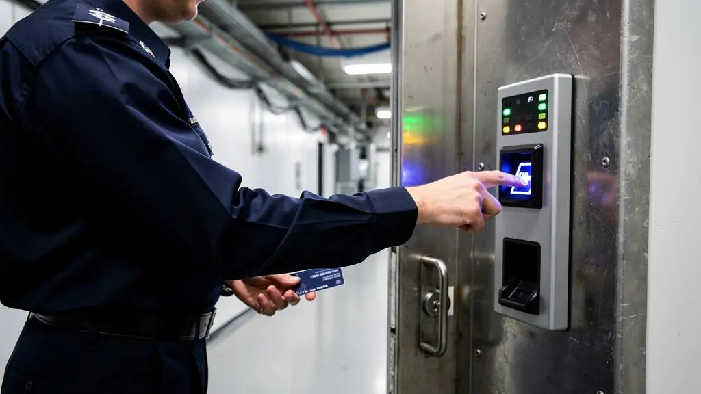Agent de sécurité utilisant un système de contrôle d'accès biométrique combiné à un badge RFID à l'entrée d'une zone sécurisée de datacenter
