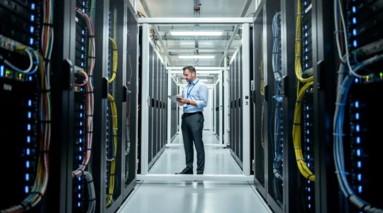 Technicien inspectant des rangées de serveurs dans un datacenter français moderne avec éclairage professionnel et organisation structurée des équipements