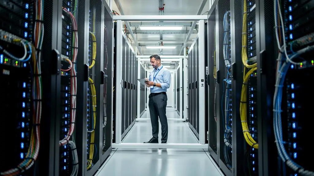 Technicien inspectant des rangées de serveurs dans un datacenter français moderne avec éclairage professionnel et organisation structurée des équipements