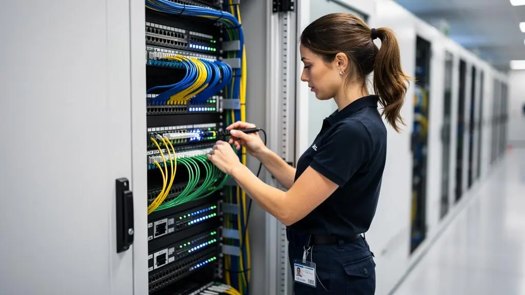 Technicienne réseau travaillant sur l'infrastructure de câblage structuré et connexions fibre optique dans une salle technique de datacenter